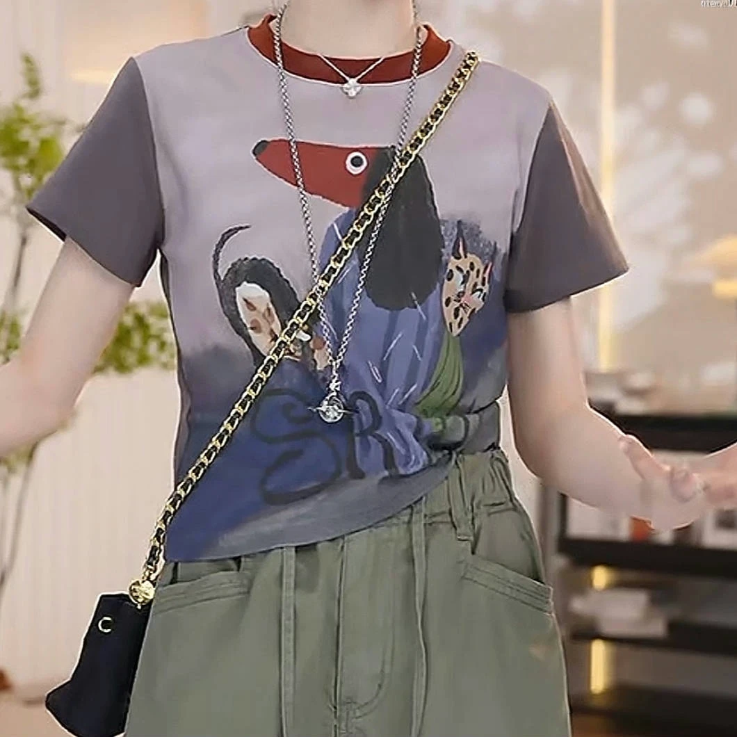 设计感时尚复古百搭卡通图案短袖T恤女2025夏季新款圆领套头上衣
