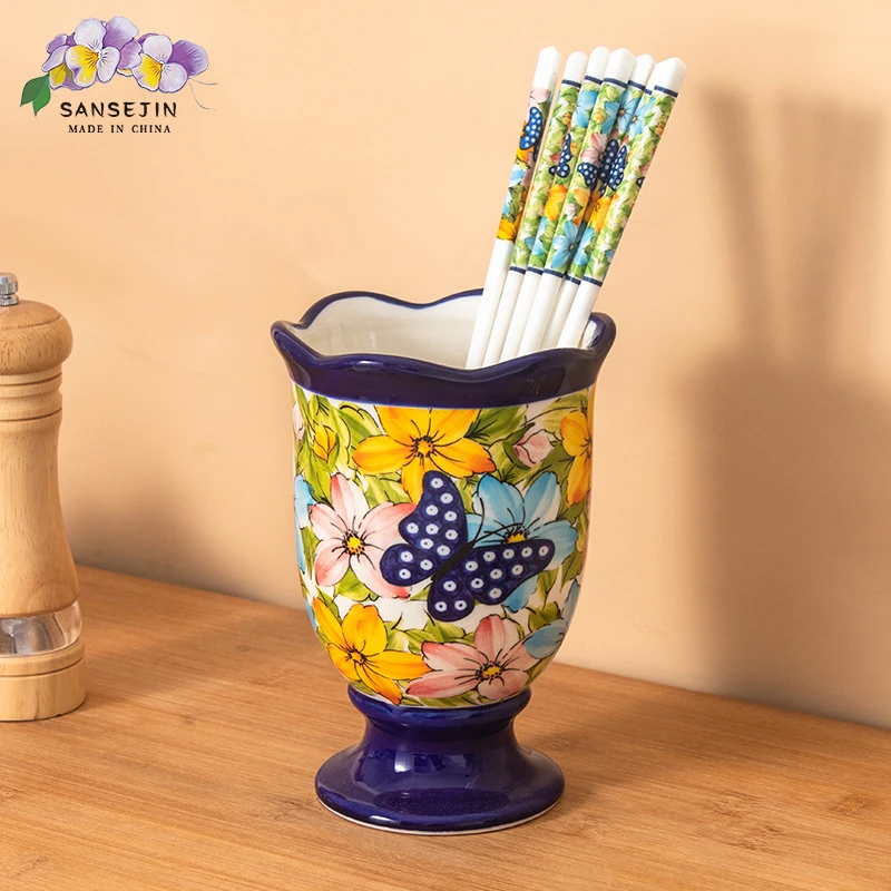 新疆包邮【水仙花】轻奢高档复古陶瓷筷子筒手绘 欧式陶瓷