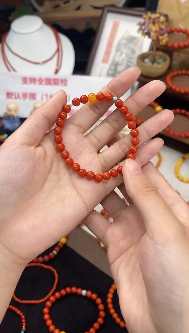 未镶嵌手串南红玛瑙柿红满色满肉单圈蜜蜡QF-A422（多样性发一）