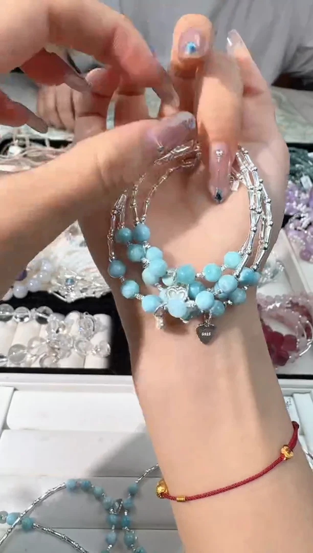 针钠钙石（海纹石）银S925镶嵌手链J010海纹直管设计款