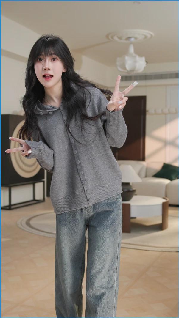 韩系软糯连帽排扣打底衫上衣女秋冬高级感慵懒风针织开衫毛衣F268