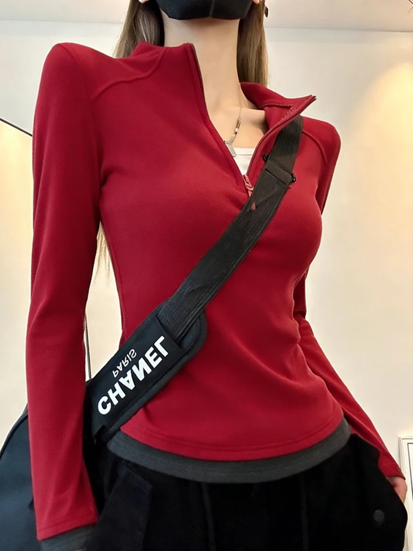 美式红色双面德绒加厚半拉链上衣女秋冬季小众撞色保暖打底衫内搭