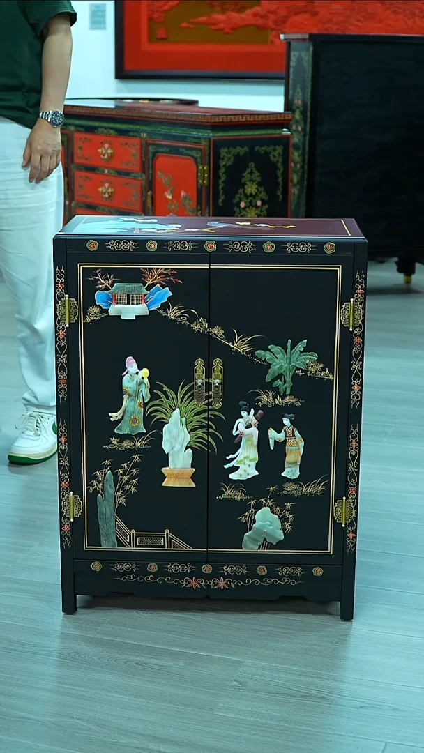 YZQQ骨石黑底人物双门柜(30寸57x28x71cm