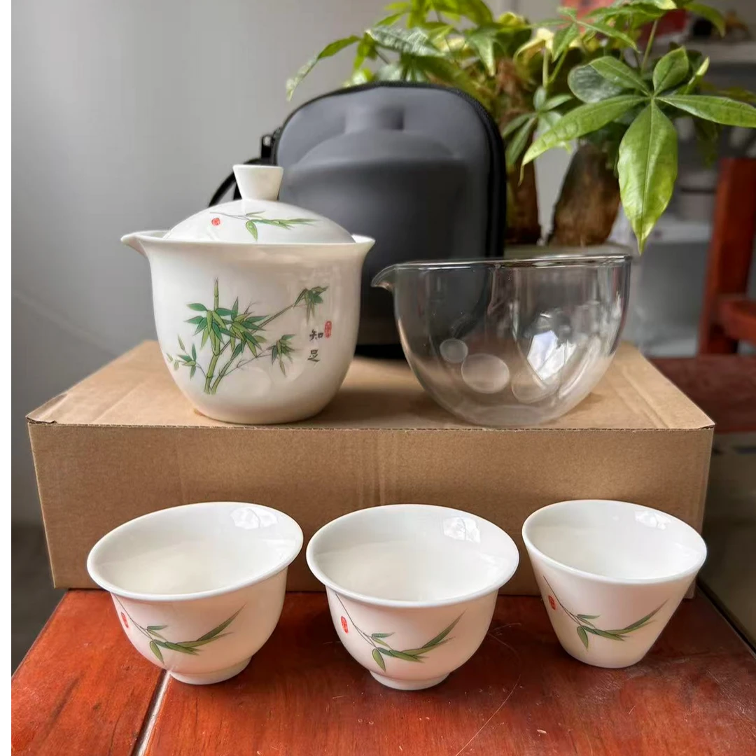 羊脂玉白瓷陶瓷旅行茶具便携式户外快客杯两杯三杯多款可选简约