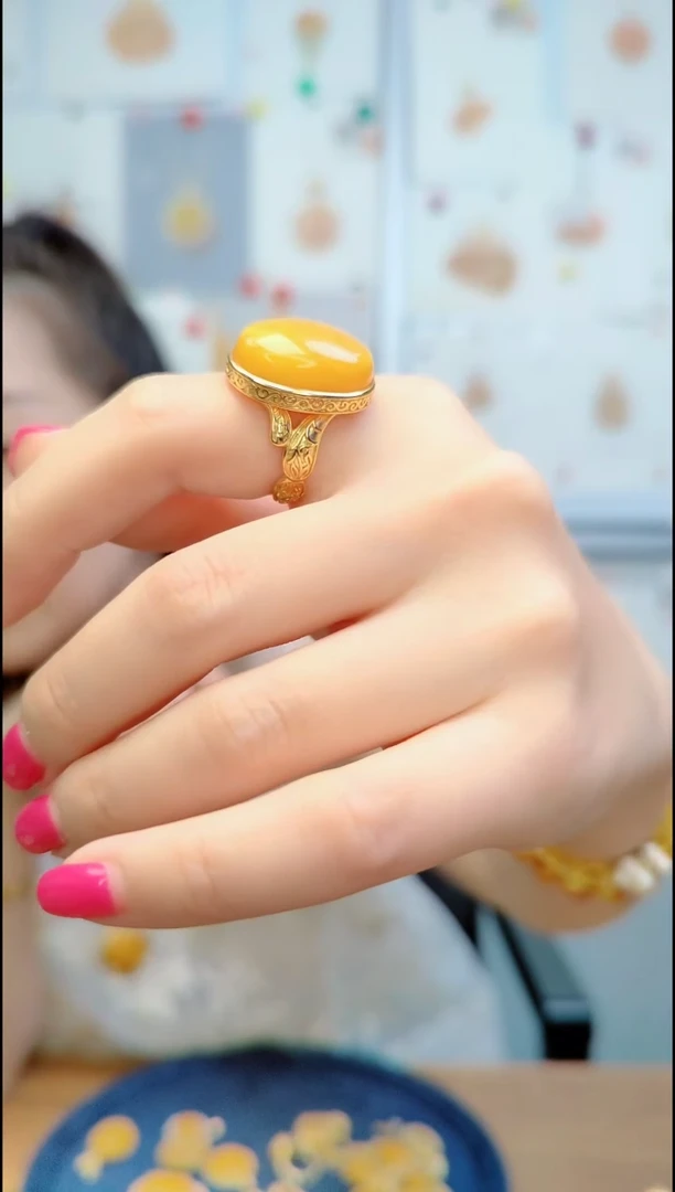 蜜蜡银S925镀金镶嵌戒指﹣A177蜜蜡戒指