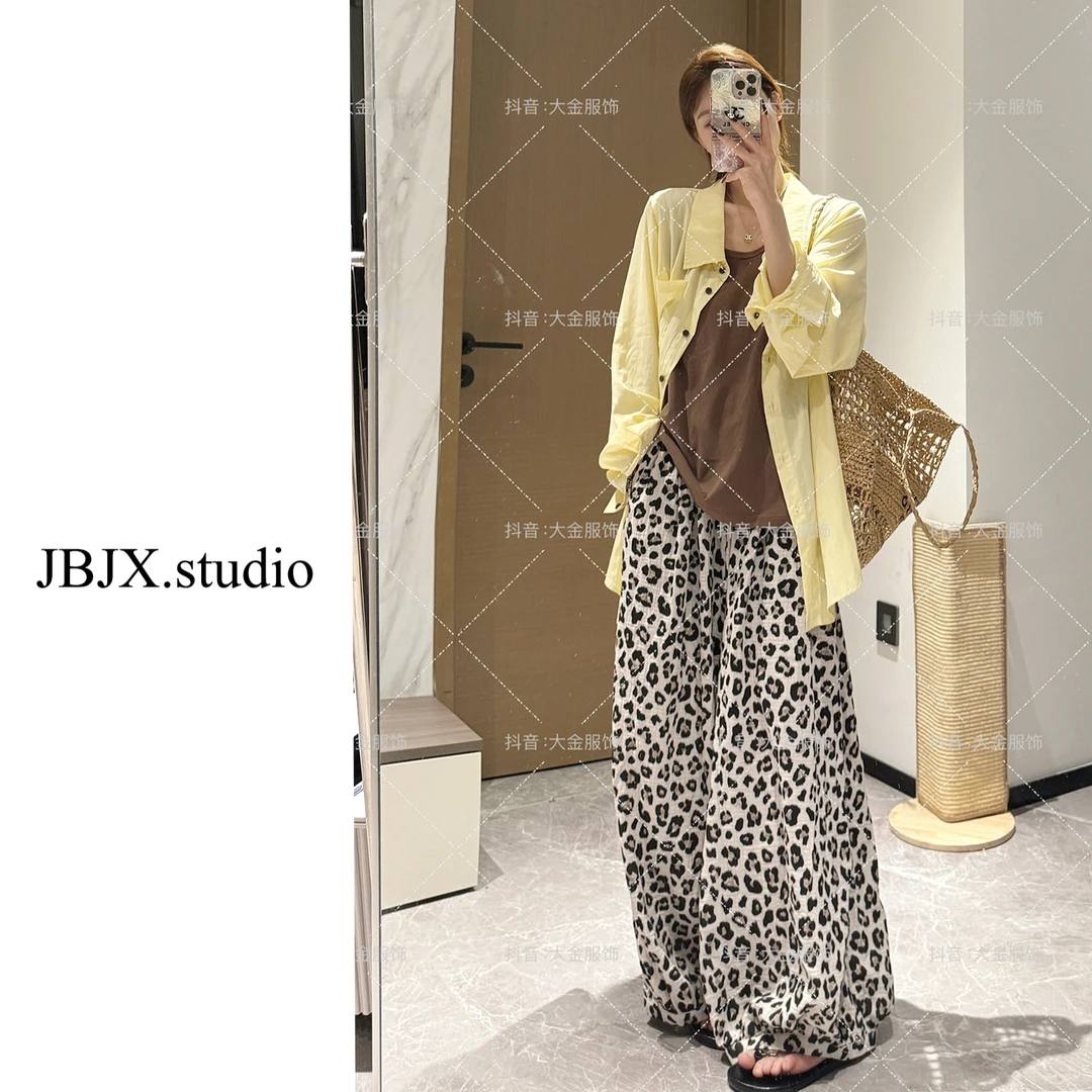JBJX【腔调款 豹纹裤】夏季显瘦高腰宽松阔腿慵懒感时尚九分裤