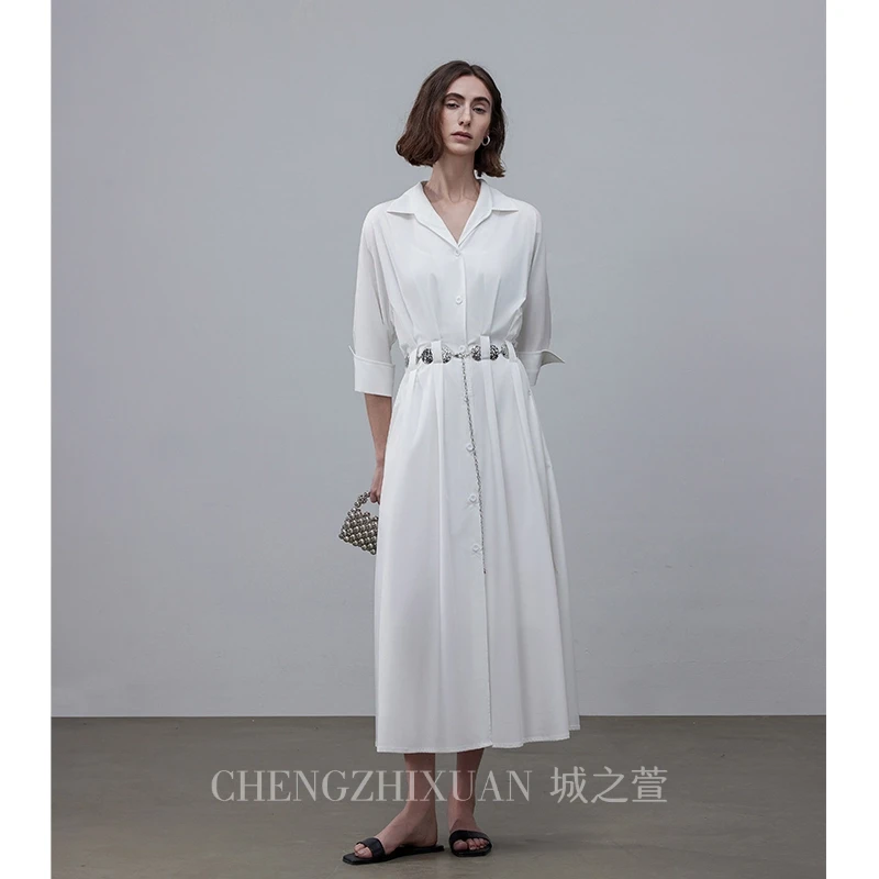 【月光诗集】白色文艺通勤气质慵懒设计感V领五分抽收腰显瘦连衣裙