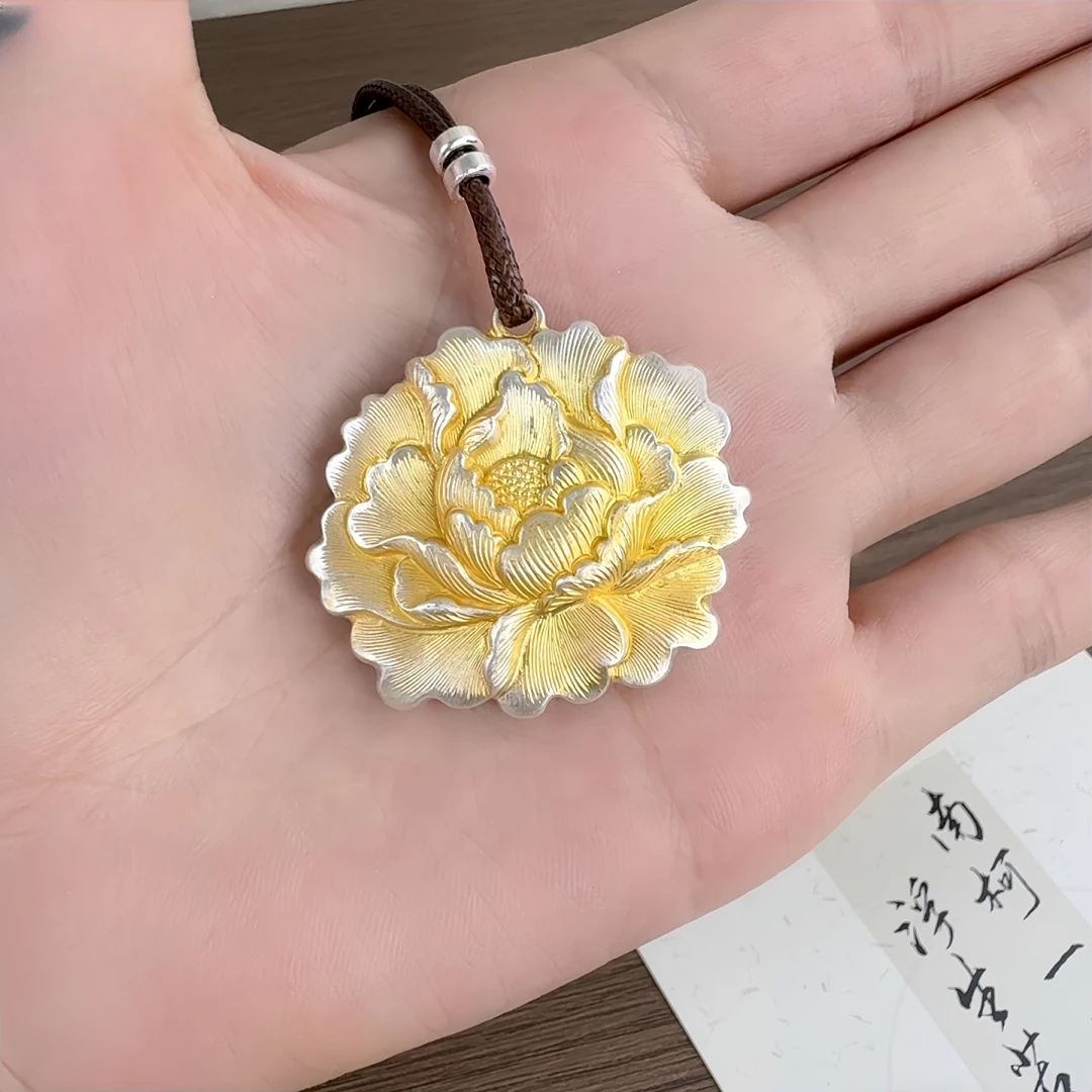 足银描金牡丹花项链女999纯银立体浮雕吊坠新中式国风饰品送女友