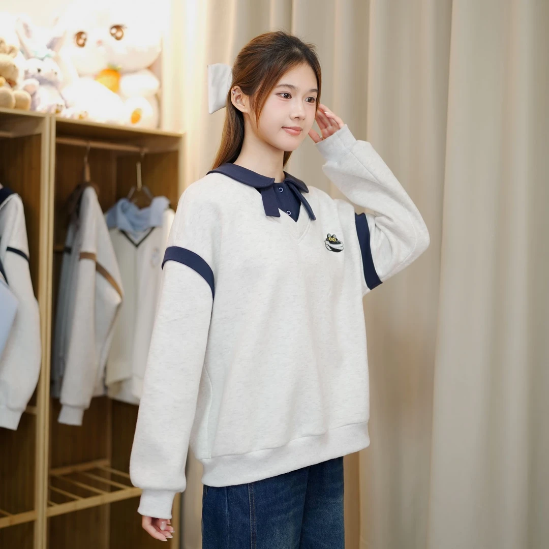 新款加绒初中生上衣卫衣女韩版学院风套头撞色时尚高中学生女大童