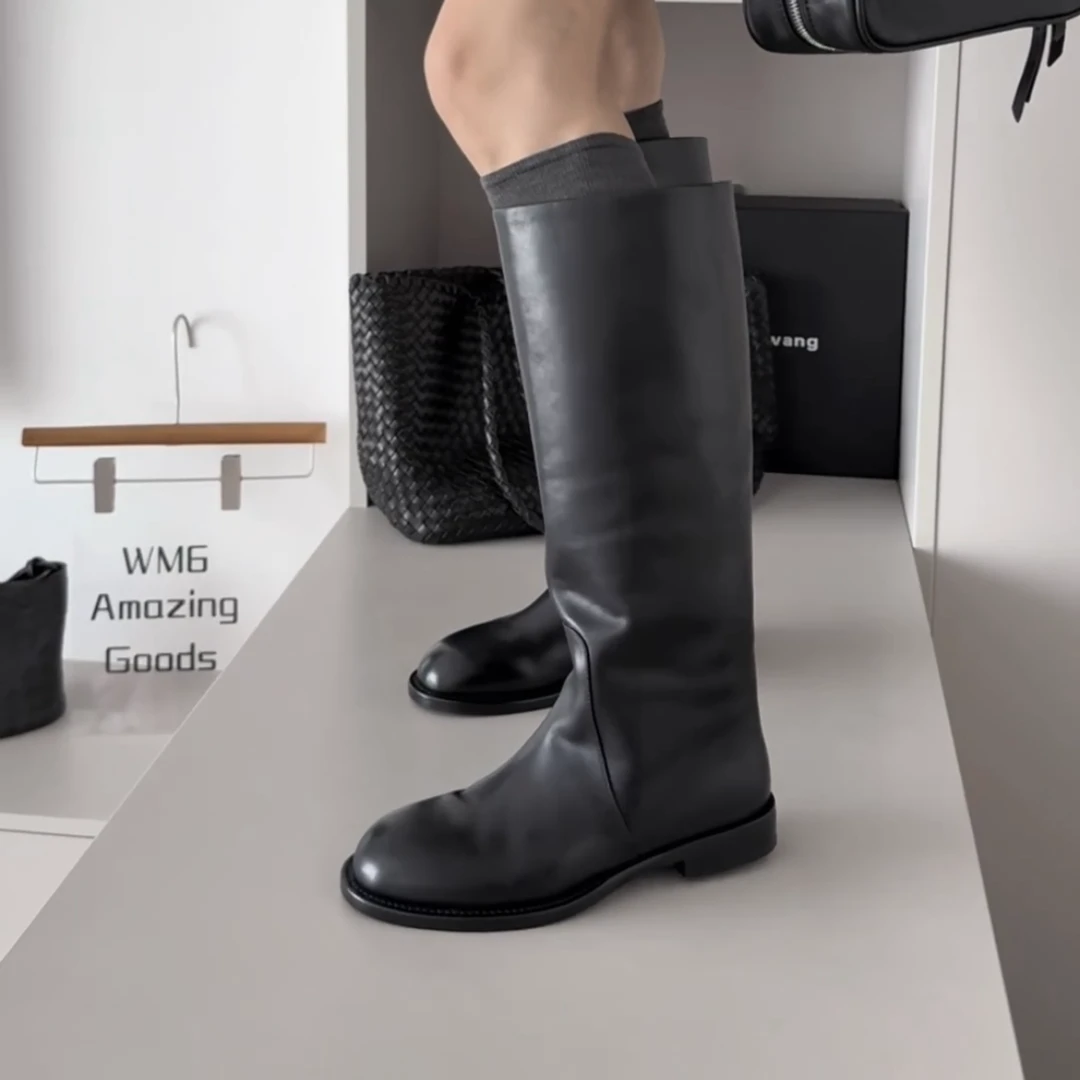 wm6女鞋简约气质骑士靴2025秋冬百搭真皮平底长筒时装靴子2520-2