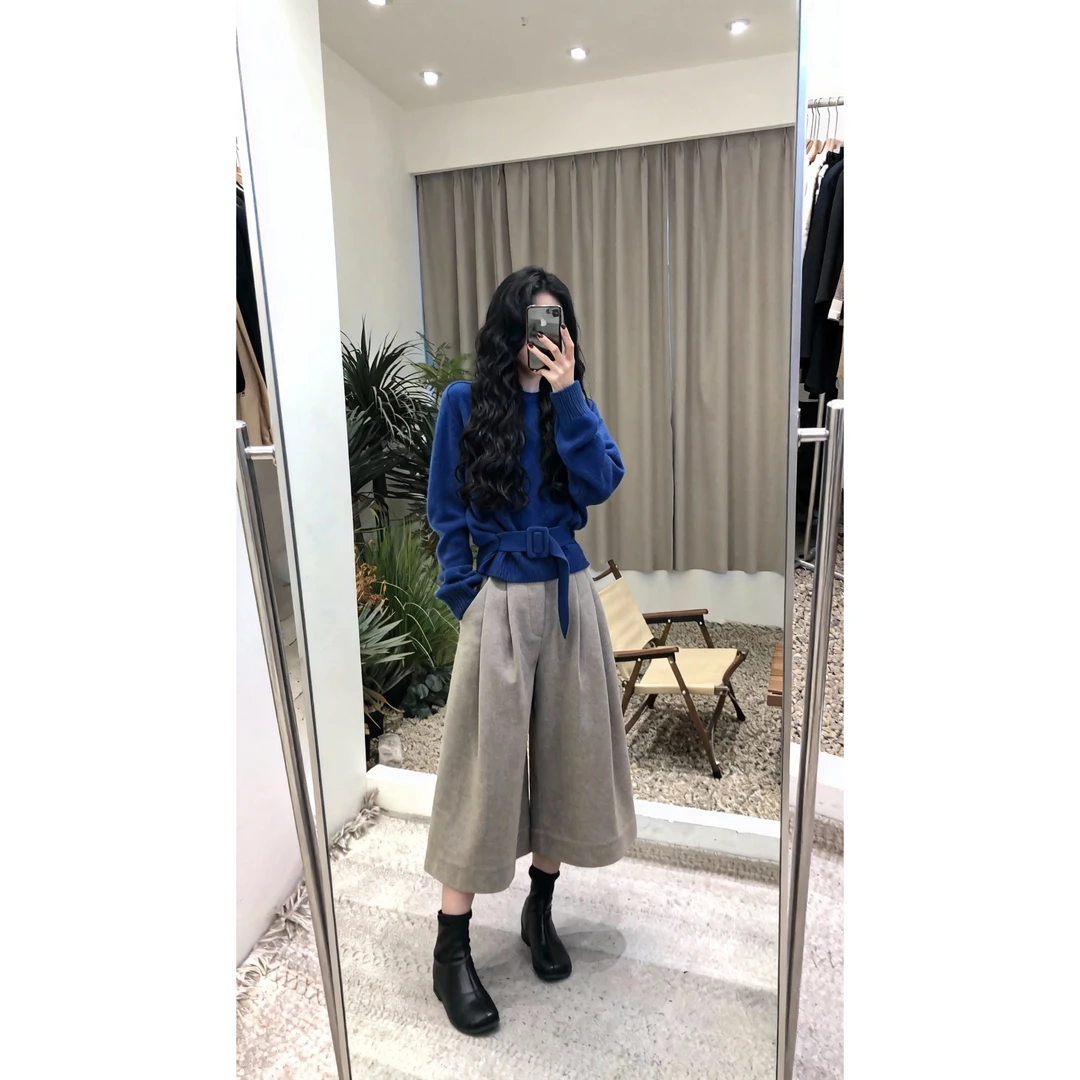 【现货秒发】优雅气质‘慵懒收腰针织衫上衣显瘦8分阔腿裤裙裤两件套