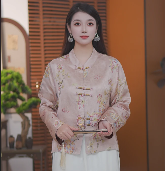 桑蚕丝秋季薄款长袖立领香云纱常规款提花上衣女唐装新中式外套女