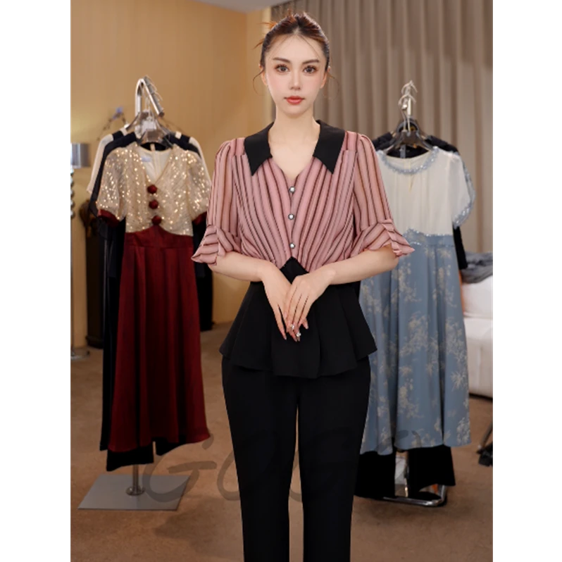 G6959短袖上衣喇叭裤两件套女2025夏季新款时尚气质遮肚显瘦套装