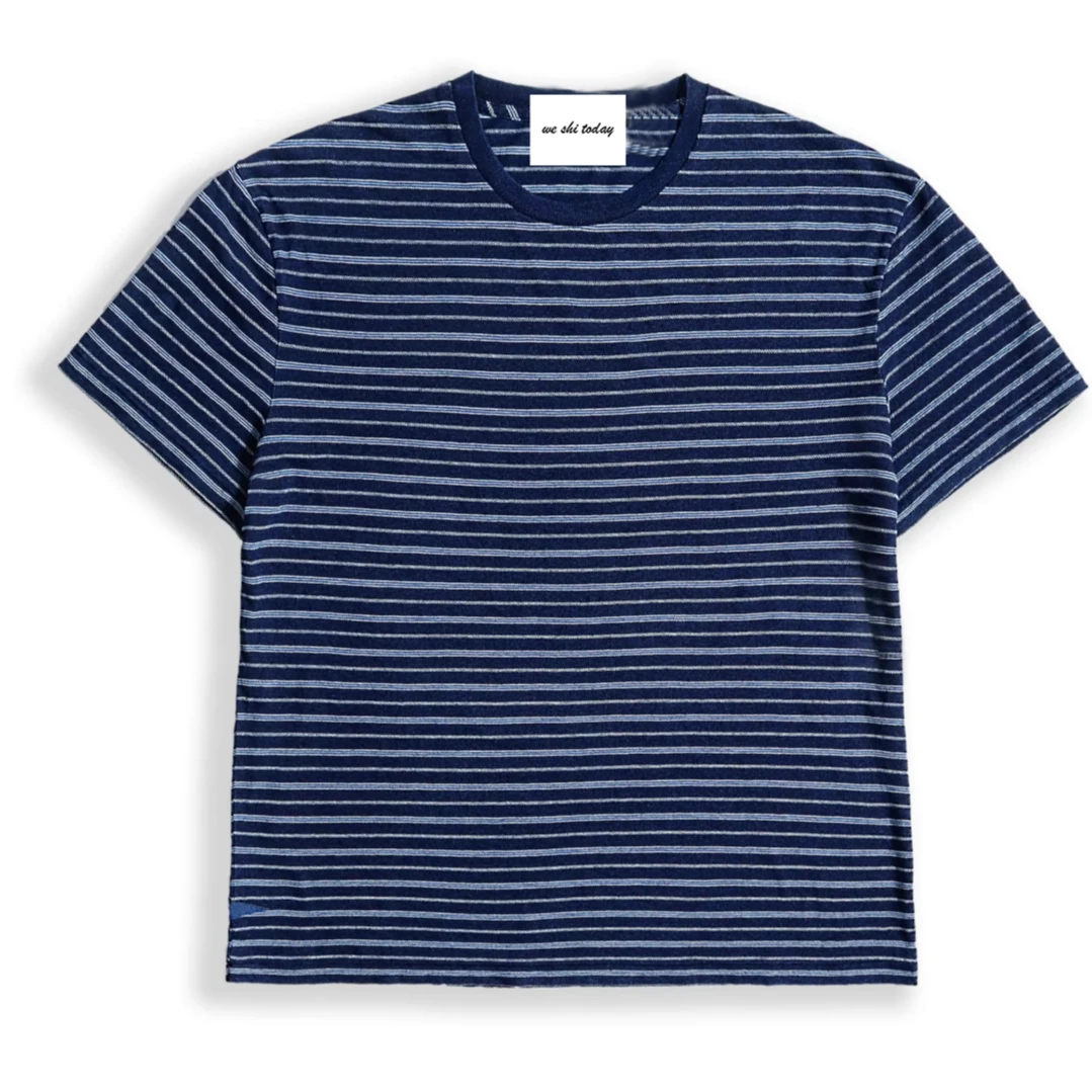 R男装 Classic Fit 70%棉30%麻混纺蓝染条纹圆领T恤Y