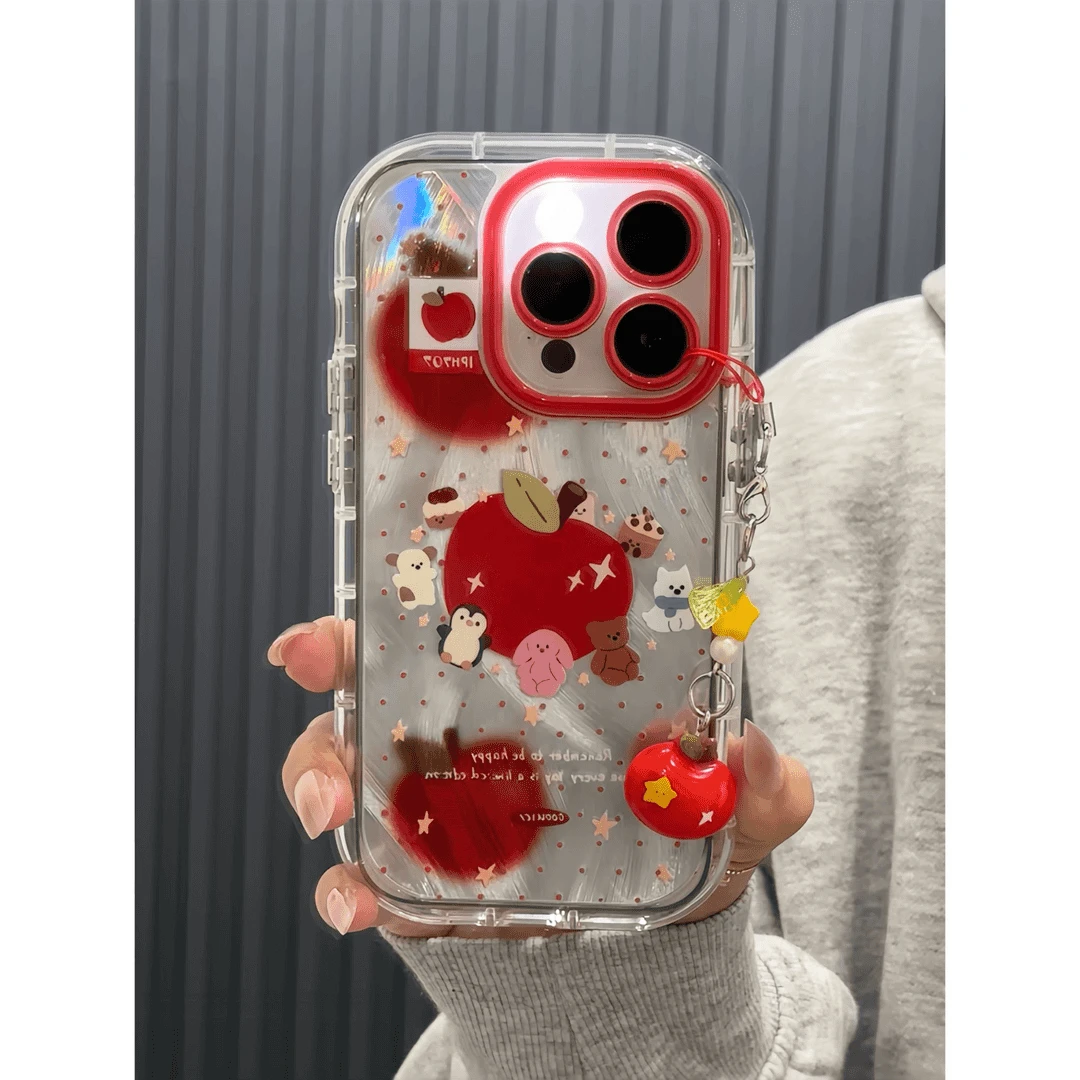 奶油羽纱标签红苹果挂件适用苹果16/15手机壳华为P70vivo小米oppo