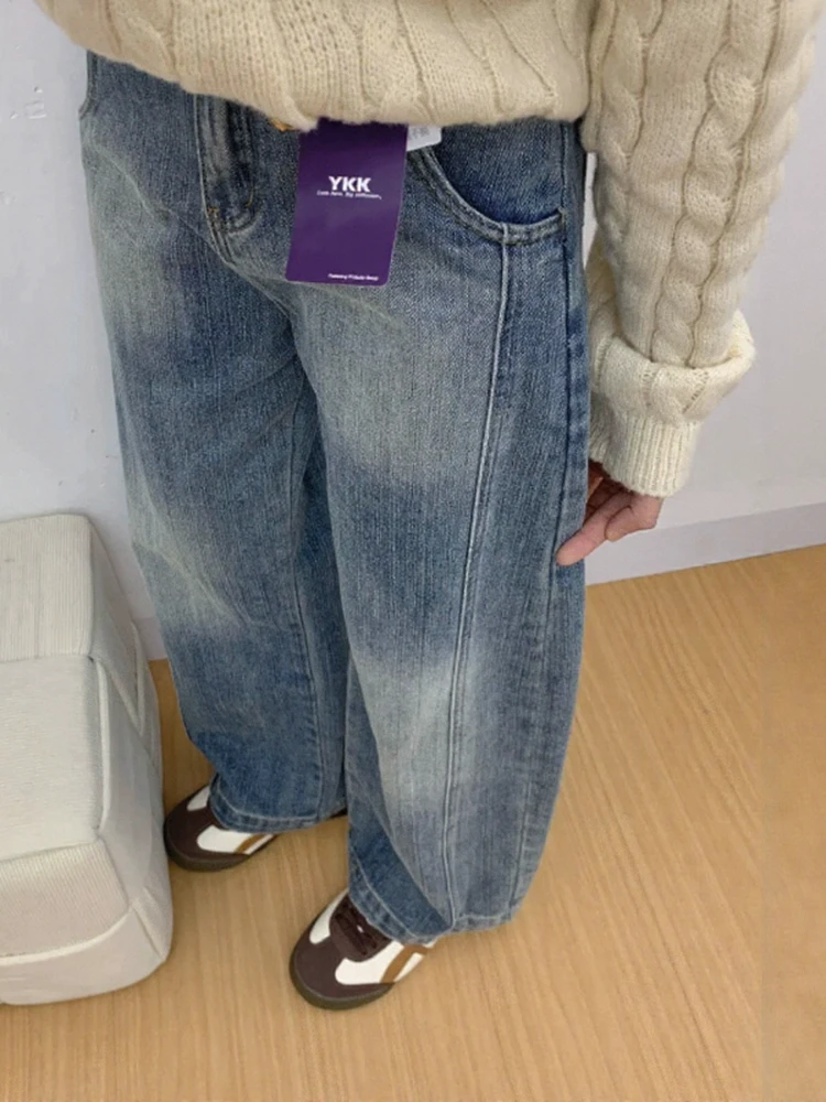 高腰蓝色弯刀牛仔裤女款高腰显瘦大码秋季新款垂感宽松直筒阔腿裤