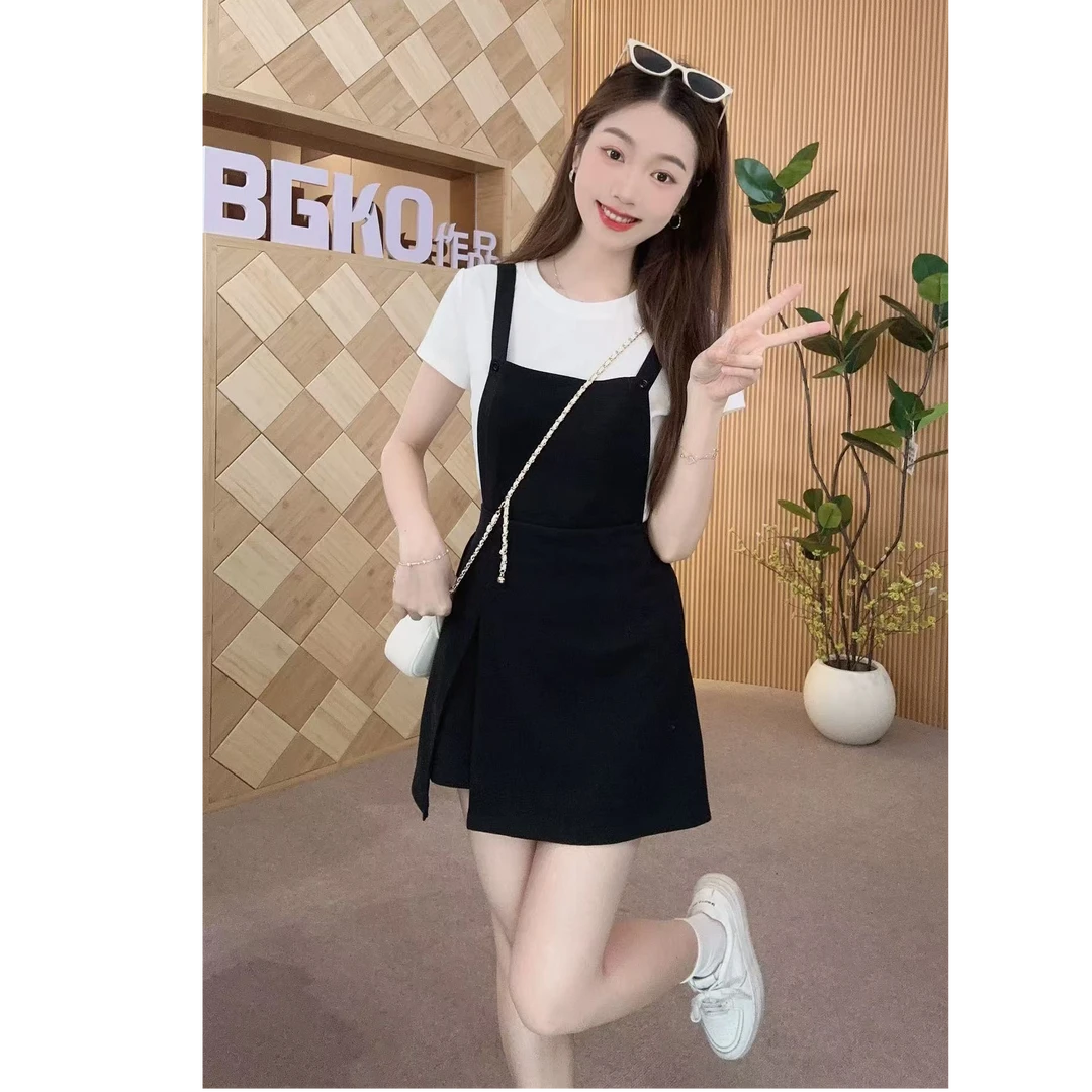 碧高小个子女装 2025夏季收腰显瘦休闲简约背带裙两件套装