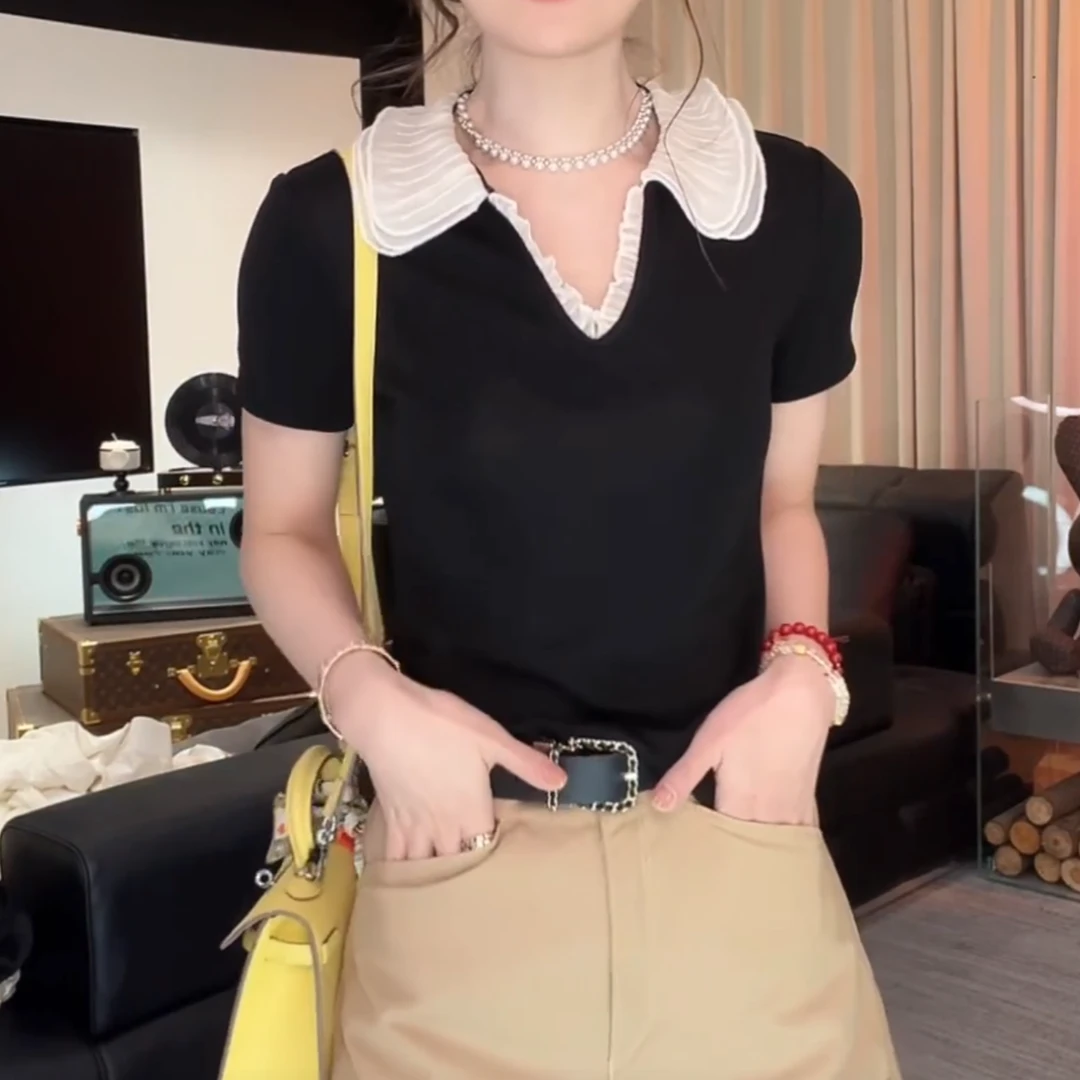 双层娃娃领上衣2025夏季新款时尚设计感短袖洋气休闲蕾丝拼14314