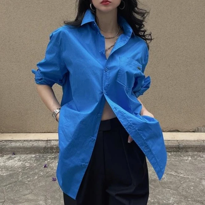 商场同款2025春秋新款宽松宝蓝色韩版休闲职业长袖衬衫女