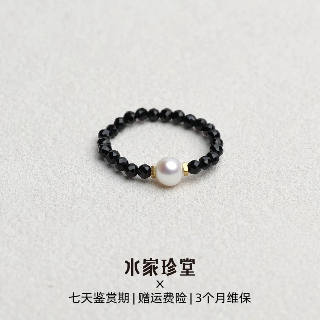 天然黑色尖晶石S925银珍珠戒指