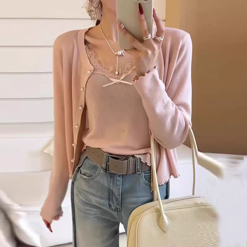 时尚气质花边珍珠扣开衫两件套装3008