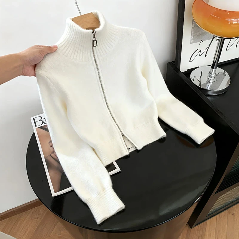 减龄时尚百搭立领长袖针织衫女慵懒风时尚拉链开衫上衣外套秋冬季