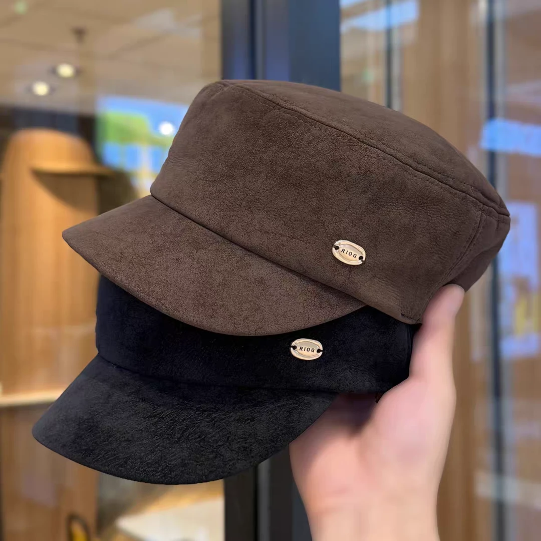 日系鹿皮绒平顶马术帽子女2025新款春秋季时髦显脸小鸭舌报童帽潮