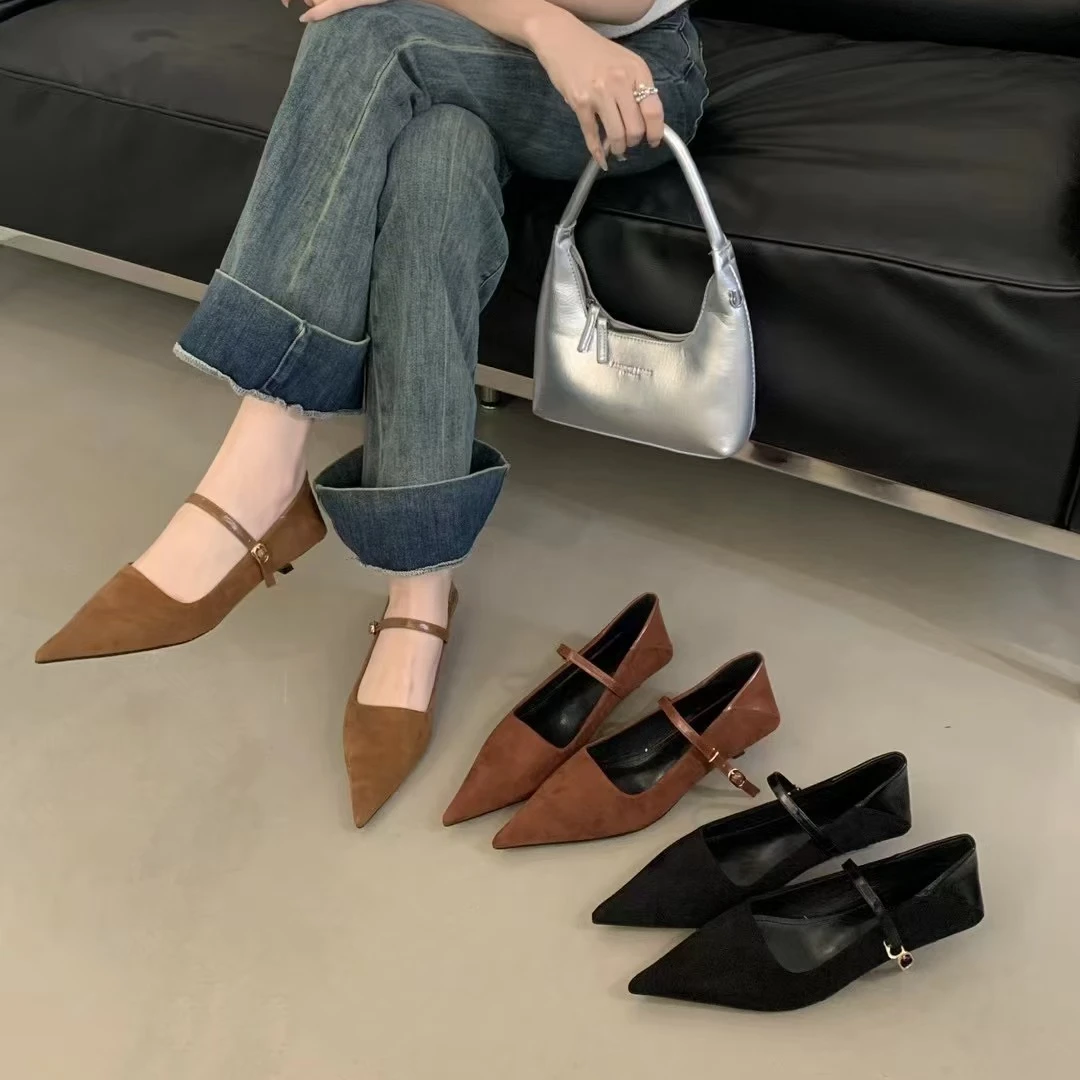 3418-28春新款2025法式尖头浅口低跟单鞋绒面一字扣复古百搭女鞋