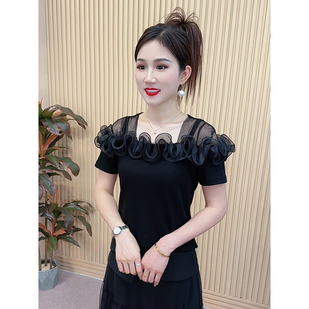 夏季新款时尚露肩拼接蕾丝花边设计韩版T恤休闲百搭短袖上衣7786