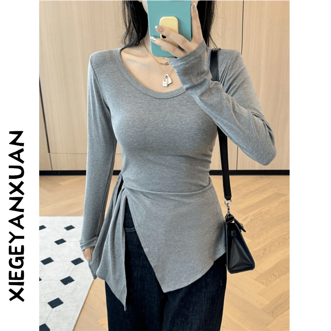 辣妹不规则绑带收腰打底衫早秋修身大圆领长袖开叉显瘦T恤女