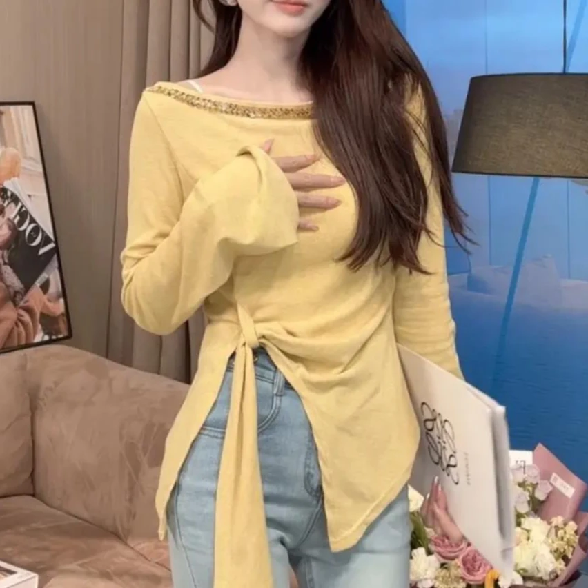 【晓溪服饰】春季新款长袖打底衫烫钻修身不规则纯欲风T恤绑带上衣