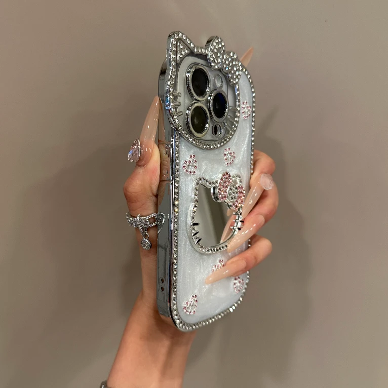 滴胶立体钻粉色爱心kt猫镜子适用苹果16promax手机壳15iphone14p