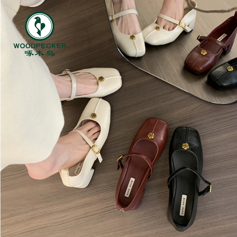 啄木鸟法式复古玛丽珍鞋女2025年新款晚晚气质粗高跟方头浅口单鞋
