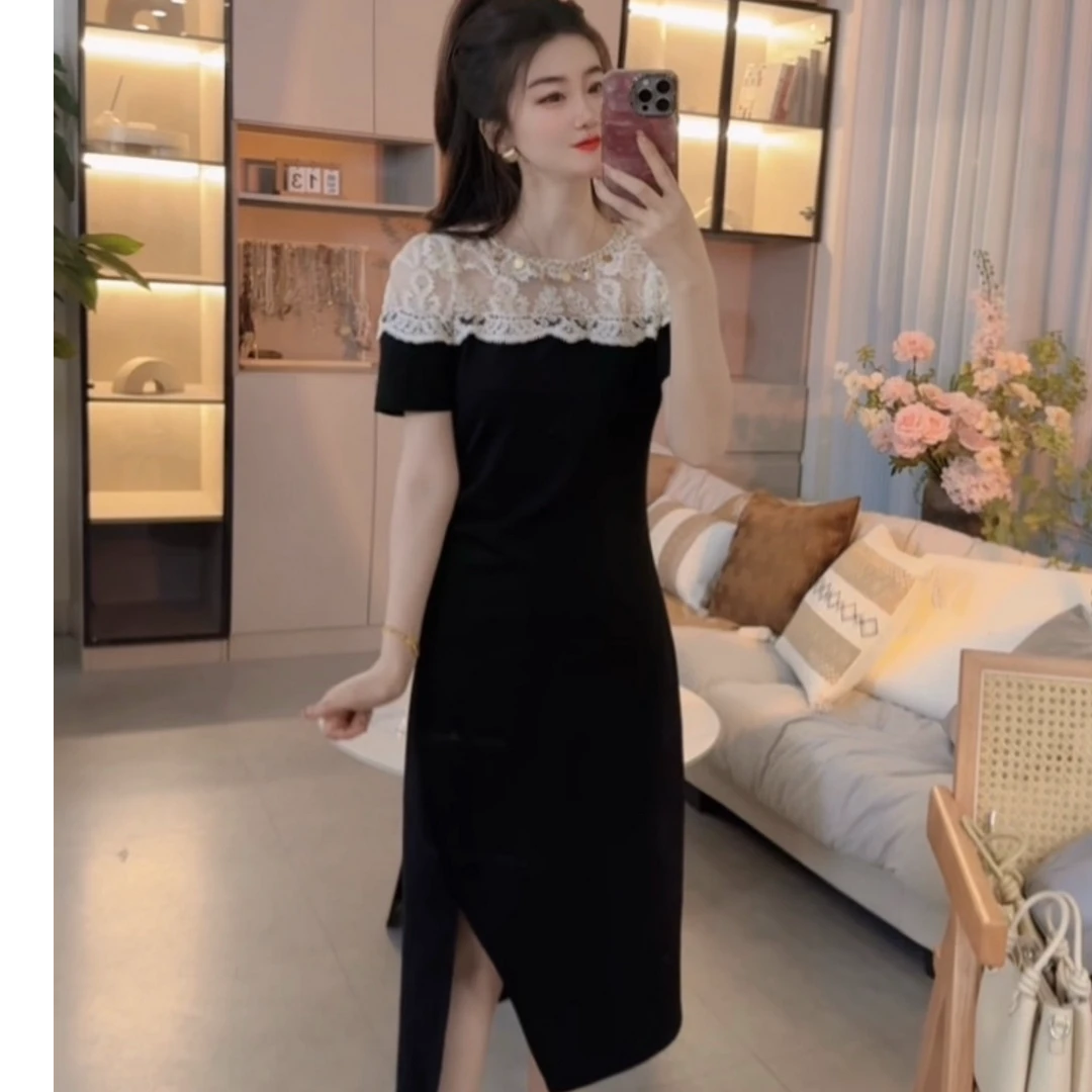 设计感蕾丝拼接收腰短袖连衣裙女2025夏新款修身显瘦中长海边裙子