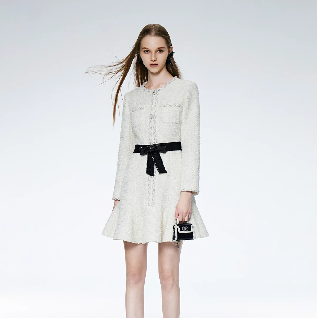 COCOON/可可尼荷叶边花呢连衣裙24101AF024031012