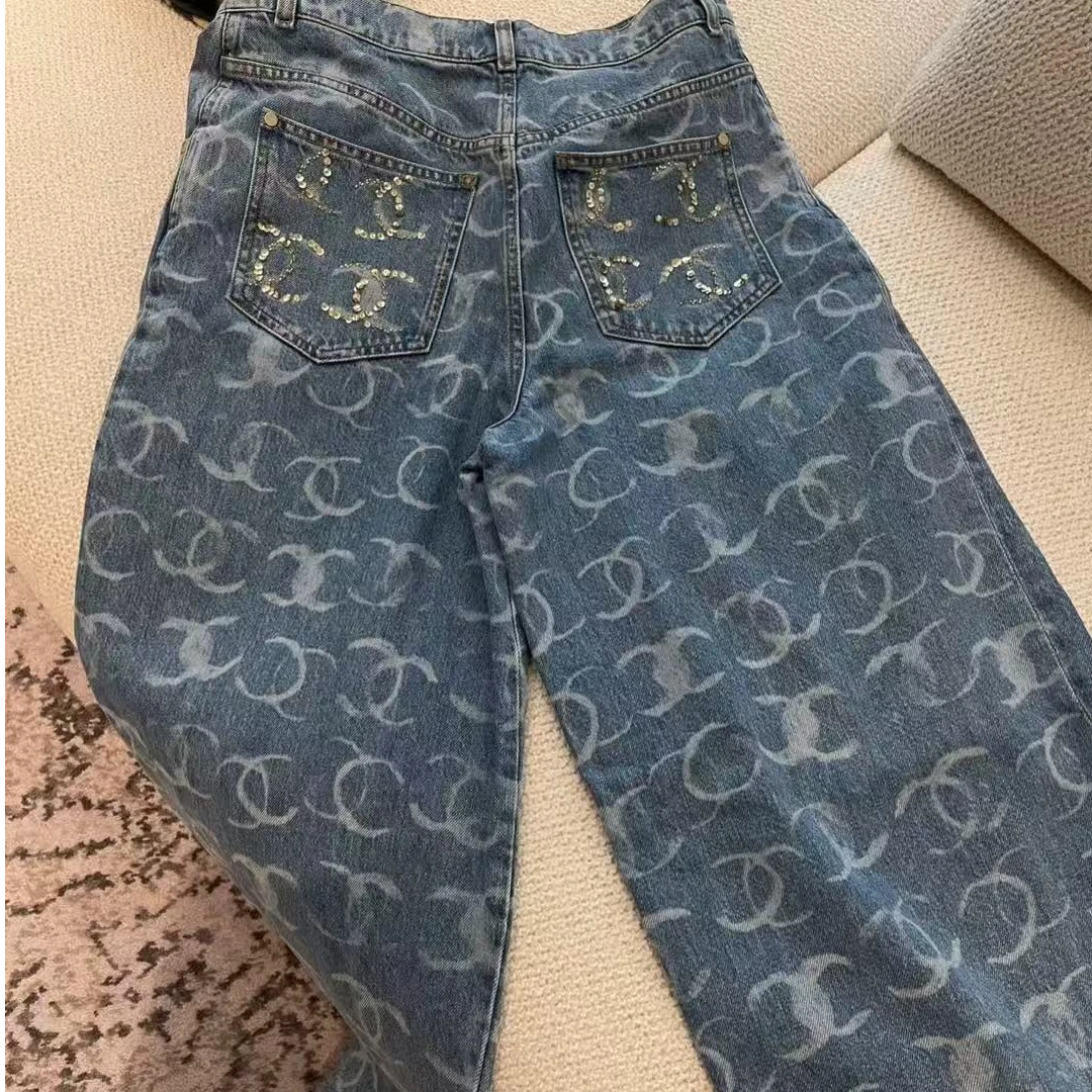 99新 Chanel/香奈儿 Chanel 23B蓝色亮片双C 直筒牛仔裤38码