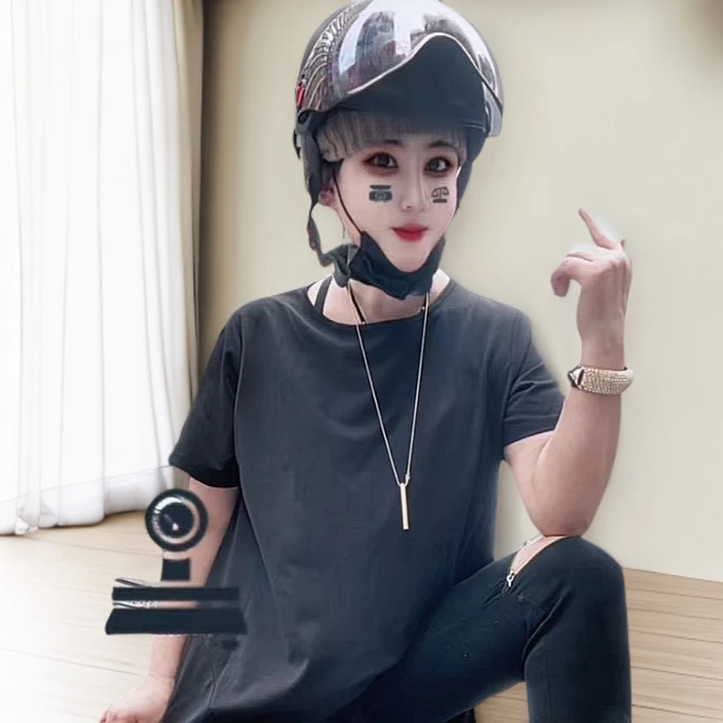 圆领女士T恤短袖网红极简风不规则常规款休闲中长款