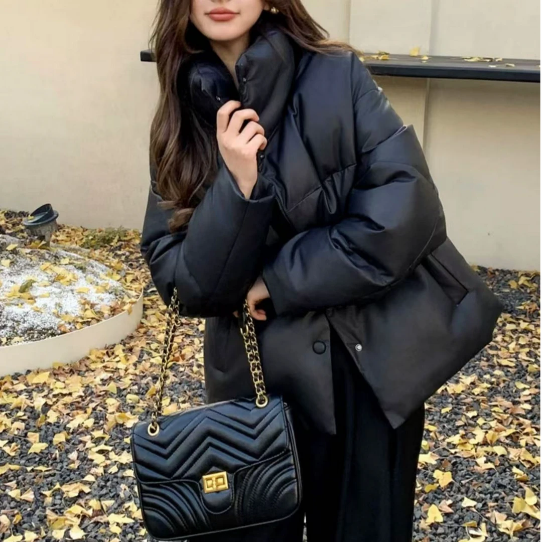 90白鸭绒羽绒服欧货pu皮衣女短款宽松外套小个子时尚年轻369