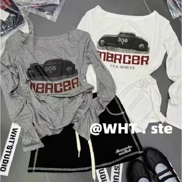 2025早秋莱赛尔天丝雪花棉韩系露肩汽车字母印花长袖T恤罩衫8370