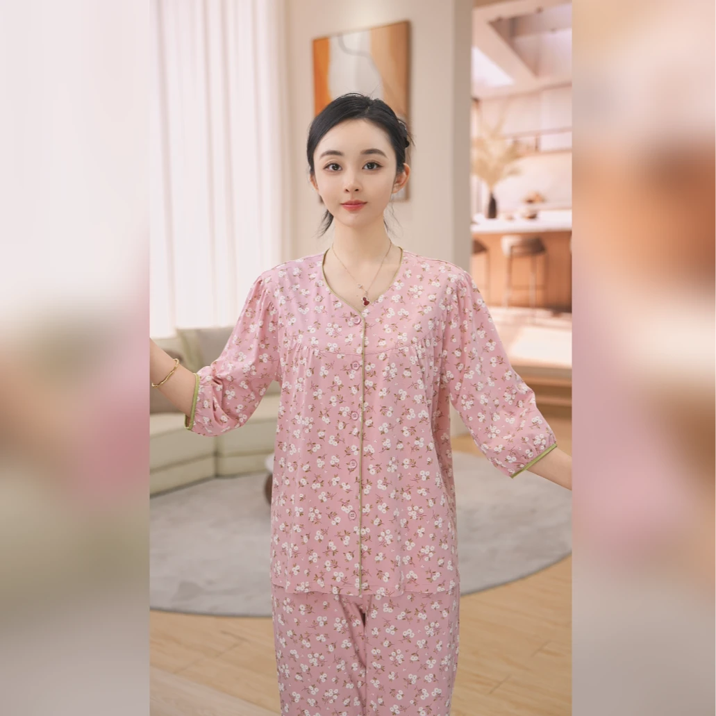 秋鹿丝印花圆领七分袖九分裤女套