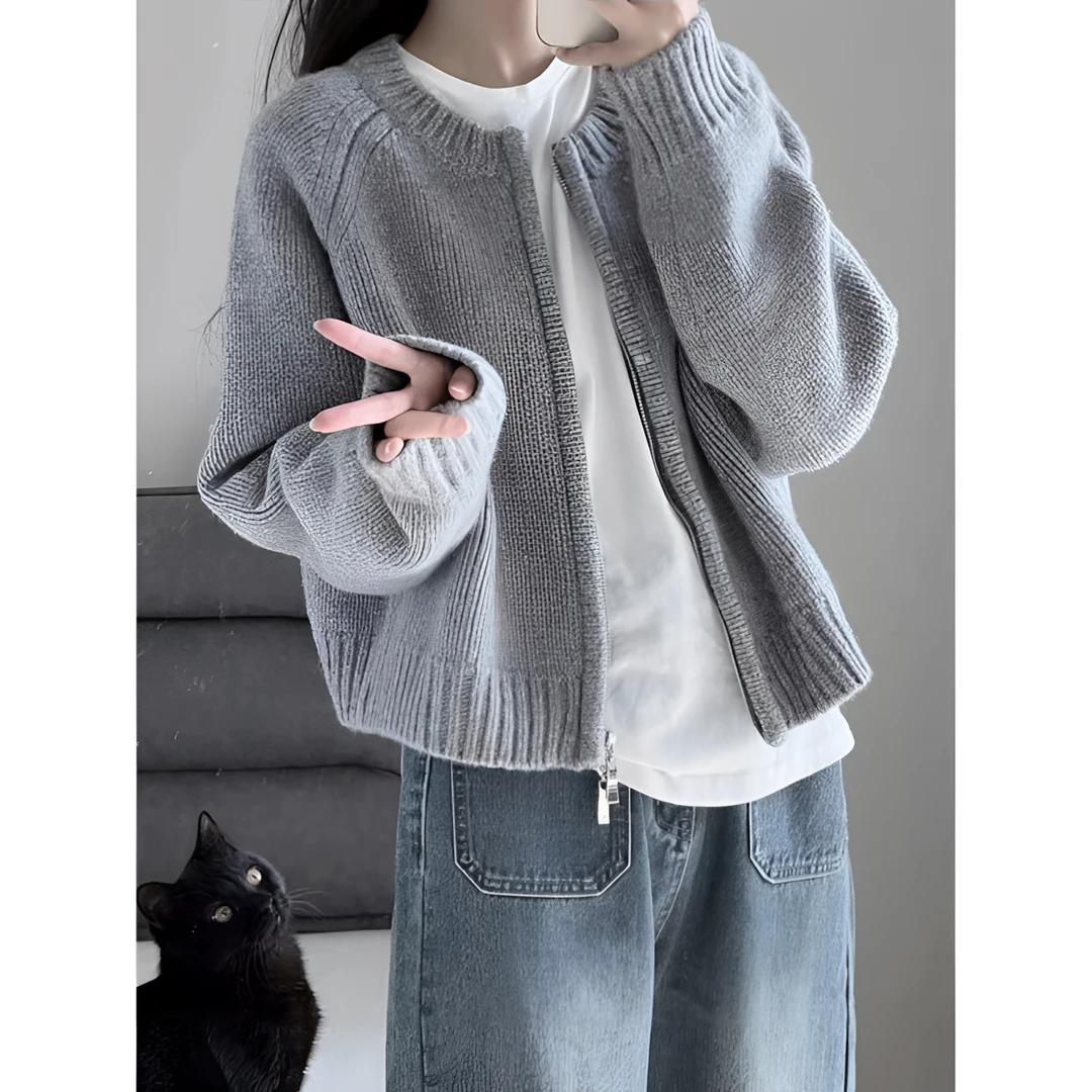 福利--秋冬灰色毛衣外套女宽松百搭慵懒外穿拉链开衫针织上衣