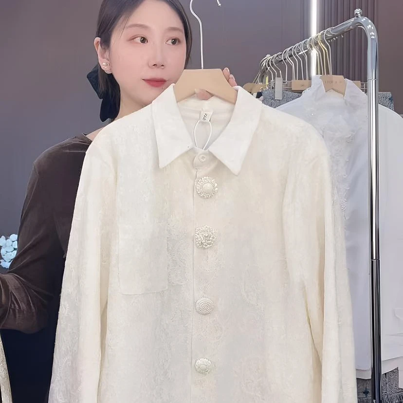 法式Polo领长袖衬衫女2025春季新款设计感提花显瘦衬衣休闲上衣潮