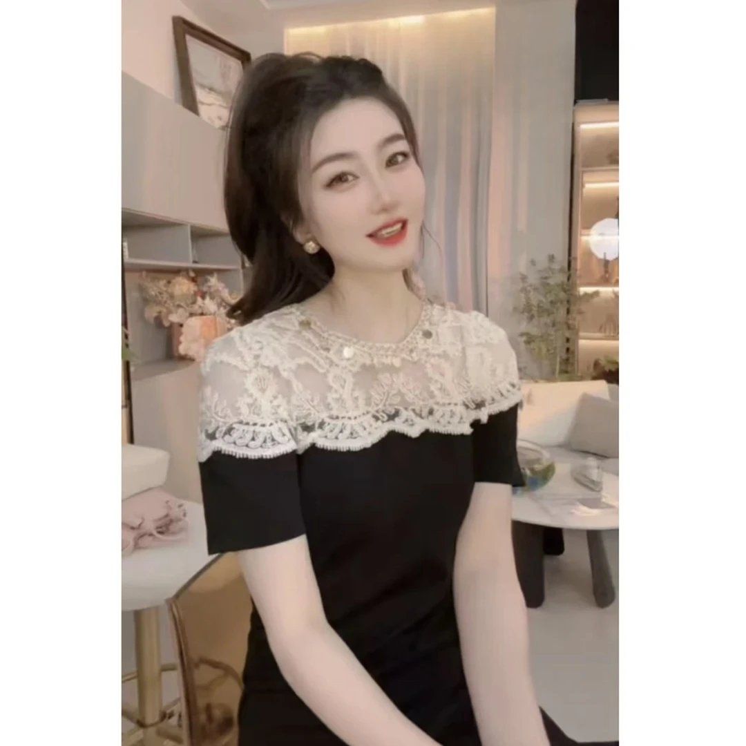 欧洲站春夏欧货洋气蕾丝拼接气质名媛神范后妈巨显瘦温婉大方衣服