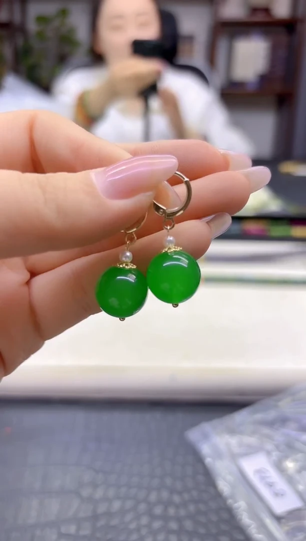 14K金镶嵌翡翠耳饰DIY款E973