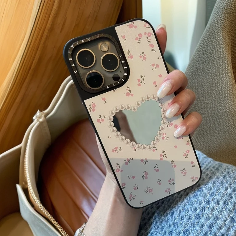 爱心珍珠镜面适用苹果17promax/16系列手机壳简约小众手机壳情侣