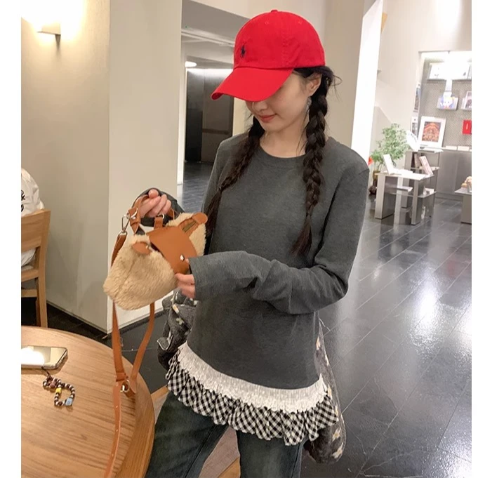 一萱~自制浪漫蕾丝荷叶边设计感长袖T恤2025洋气时尚圆领打底衫