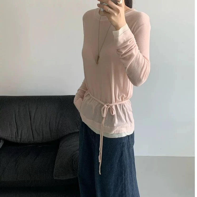 韩国正品代购NO退NO换|taf减龄百搭束腰带圆领长袖假两件打底