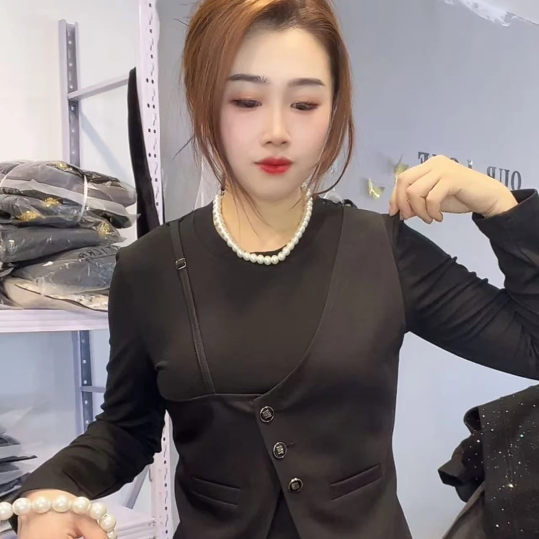 88529  欧货圆领拼接马甲假两件长袖T恤女修身显瘦洋气上衣