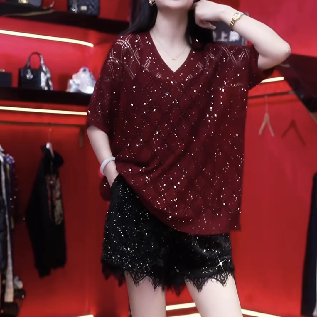 丽丽家 新V领菱格重工方块细闪宽松显瘦百搭上衣A12