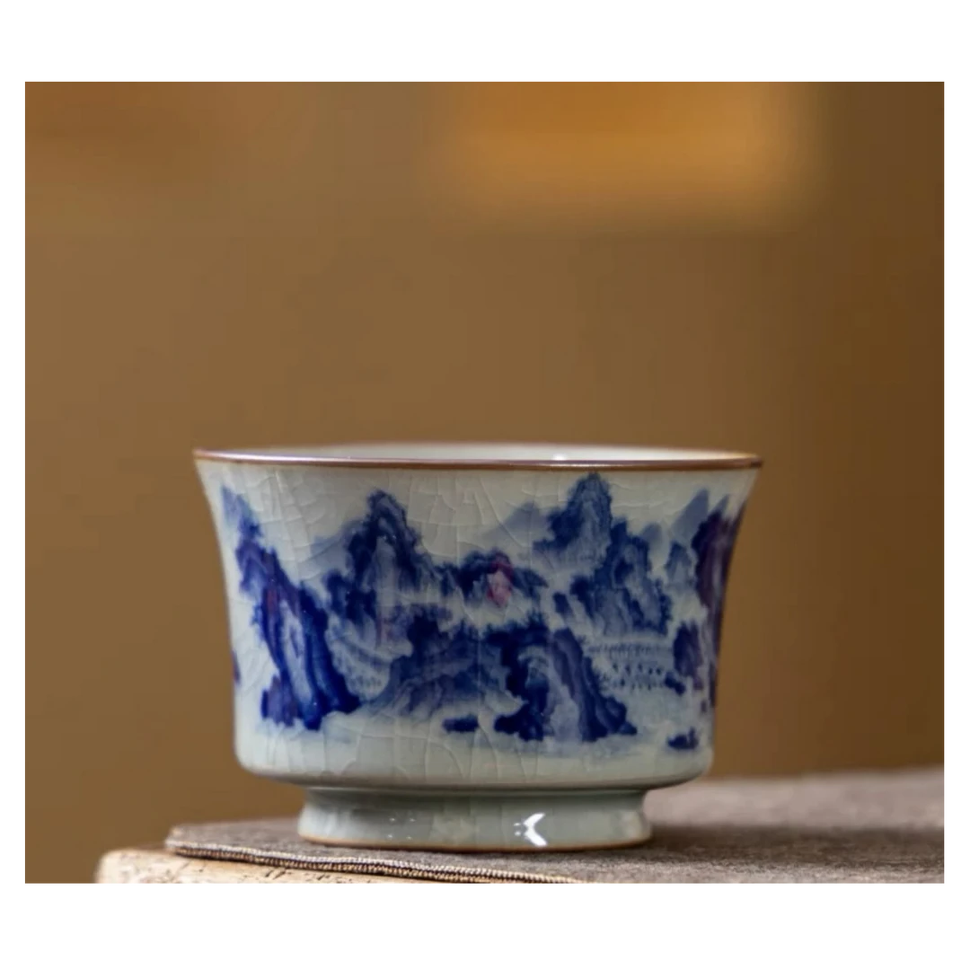 江山揽胜复古青花马蹄杯釉下彩中式品茗杯茶杯单杯茶盖碗DYS001